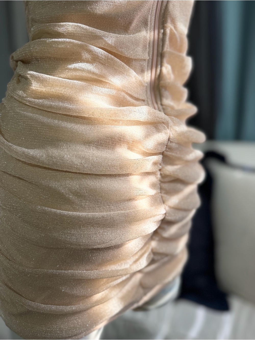 Champagne Shimmer Ruched Slip Dress in Nude - Picture 7 of 9